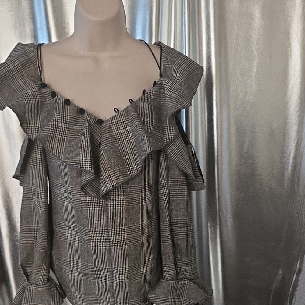 Self-Portrait Black and Gray Checkered Ruffle Blouse